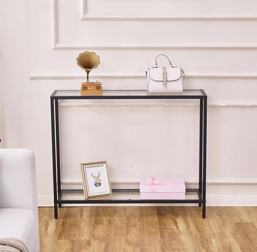 MAJARO Small Modern Console Table for Entryway, Tempered Glass with Metal Frame Sofa Table for Living Room, Hallway, Office (Double-Layer, Black) - color: Black, style: Double-layer
