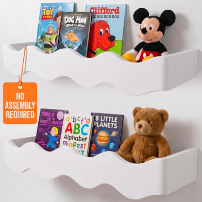 Ovalo Nursery Book Shelves Set of 2 - Solid Pine Wood Nursery Bookshelf, Floating Nursery Shelves for Wall, Wall Bookshelf for Kids Room, No-Assembly Wall Mounted Baby Book Shelf. (White) - color: White