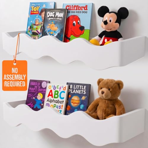 Ovalo Nursery Book Shelves Set of 2 - Solid Pine Wood Nursery Bookshelf, Floating Nursery Shelves for Wall, Wall Bookshelf for Kids Room, No-Assembly Wall Mounted Baby Book Shelf. (White) - color: White