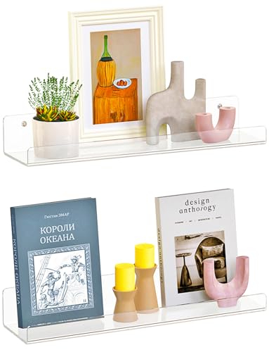 Dooiclear 2 Pack Floating Shelves for Wall, 15" Clear Floating Wall Shelf | Acrylic Book Shelf, Display Shelves Organizer for Bathroom, Classroom, Bedroom, Living Room, Kitchen, Room Decor - size: 2 Pack