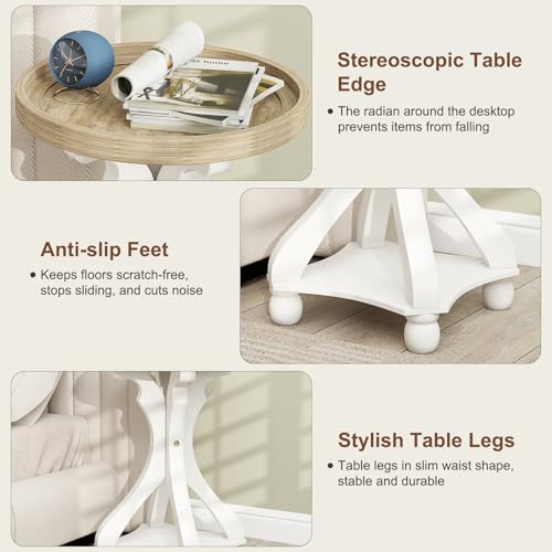 Accent Wood Farmhouse End Table, Round Side Tables, Nightstand Natural Tray Top and Distressed Carved Legs for Bedroom Living Room, White - size: 1-pc, style: Round
