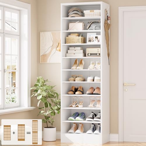 Aheaplus Tall Shoe Cabinet, 10 Tiers Narrow Wood Shoe Rack, Shoe Storage Organizer with Open Storage, Vertical Shoe Shelf Tower for 20-22 Pairs, Space Saving, for Closet, Entryway, Bedroom, White - color: White, size: 10 Tier (17.7"W)