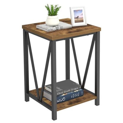 EXCEFUR End Table, Square Side Tables for Living Room, Industrial Metal and Wood Nightstand for Bedroom, Rustic Brown