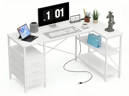 Alpen L Shaped Gaming Desk with Power Outlets, 47 Inch Computer Desk with 3 Drawers and Shelves, Corner Desk for Gaming, Study Writing PC Table with Storage and Reversible Shelf, White - color: White, size: 47 Inches