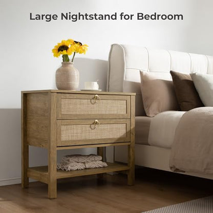 SICOTAS 26.7" Wide Rattan Nightstand with 2 Drawers & Open Shelf End Table | Large Night Stand with Storage Shelf, Coastal Boho Bedside Table for King Bed, Bedroom, Guest Room, Apartment, and End Table - color: Light Walnut