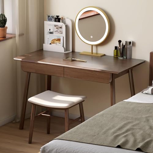 100% Solid Wood Desk with Drawers, Mid Century Modern Writing Desk, Walnut Color Office Desk for Study Bedroom Living Room 47.24" W - color: Walnut-rubberwood-4, size: 47"W