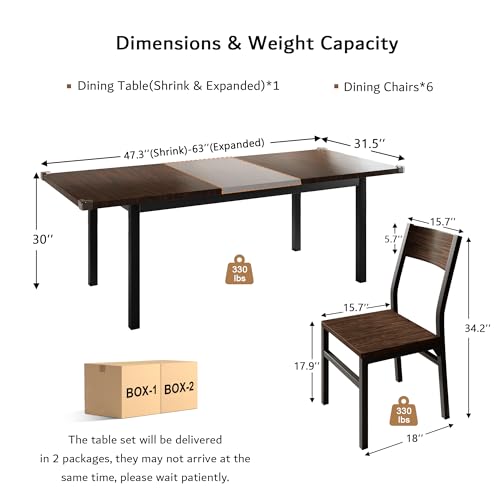 iPormis 7-Piece Dining Table & Chairs Set for 4-6, 63" Extendable Kitchen Table with 6 Chairs, Dining Room Table with Metal Frame & MDF Board, Perfect for Small Space, Easy Assembly, Black - color: Black