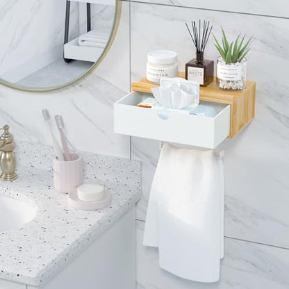 Domax Toilet Paper Holder with Shelf,Wall Mount/Adhesive Bathroom Toilet Paper Holder,Bamboo Wood Tissue Toilet Roll Holder with Storage Drawer for Organizer Wipes,Fits Any Room, Bamboo+White, Large - color: Bamboo+white