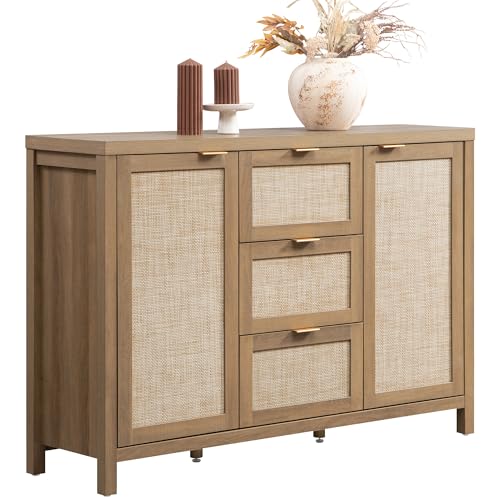 SICOTAS 52 Inch Rattan Sideboard Buffet Coffee Bar Cabinet with 3 Drawers | Farmhouse Boho Credenza Storage Cabinet with Large Storage, Console Table for Living Room, Kitchen, Entryway - color: Reclaimed Caramel Oak, size: 1 Piece