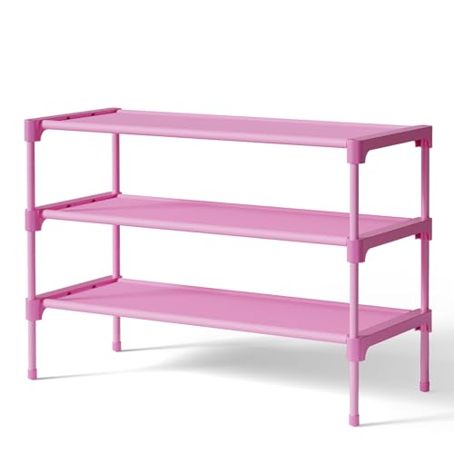 Kitsure Shoe Rack - Non-Woven Shoe Rack Shelf, 27.5" Wide - 3 Tier, Pink | Shoe Organizer for Closet, Entryway, Garage, Stackable Shoe Shelves, college dorm&apartment essentials - color: Pink, size: 27.5" Wide - 3 Tier