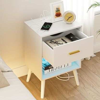 Aienvey Nightstand with Charging Station and LED Lights, White | Small Side Table, Bedside Table with Drawer, Modern Night Stand with Light/Power Strip, End Table for Bedroom, Living Room - color: White