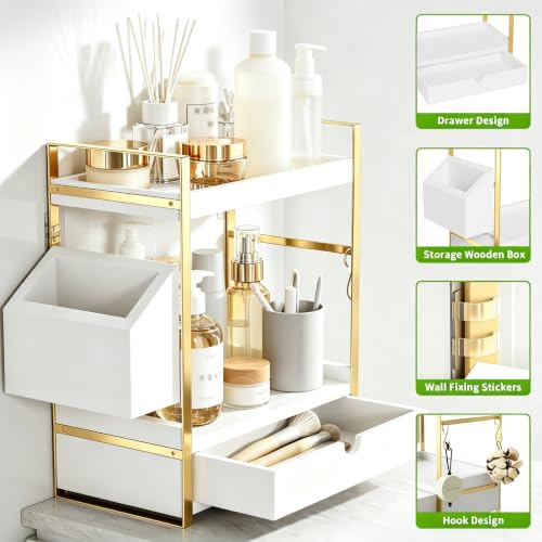 2-Tier Bathroom Counter Organizer, Wooden Vanity Shelf with Drawer & Basket | Pre-Drilled Holes, Skincare & Makeup Countertop Organizer and storage, White-gold - color: White-gold