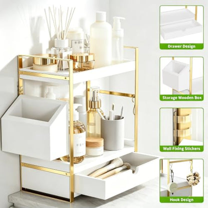 2-Tier Bathroom Counter Organizer, Wooden Vanity Shelf with Drawer & Basket | Pre-Drilled Holes, Skincare & Makeup Countertop Organizer and storage, White-gold - color: White-gold