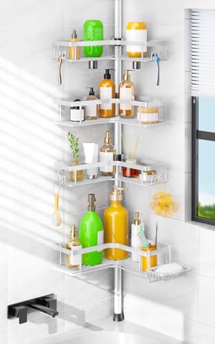 HAMITOR Shower Caddy Tension Pole: 4-Tier Corner Bathroom Organizer Shelf with Soap Holder & Hooks - No-Drill Adjustable Storage Rack for Apartment Renters - 47-123 Inch White - color: White