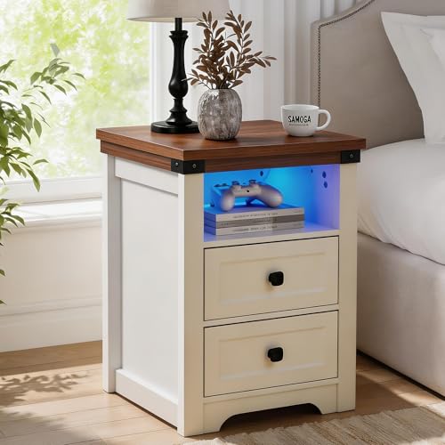 Night Stand Farmhouse Nightstand with Charging Station Bedside Table with Drawers, Wood Couch Side Table End Table for Bedroom, 1 Pack (White 17.5") - color: White 17.5"