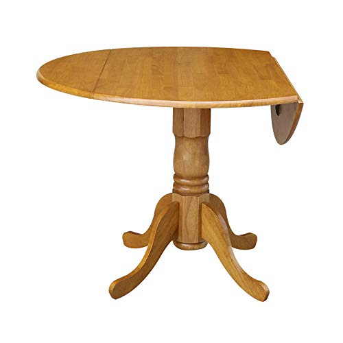 IC International Concepts, 42" Round Dual Drop Leaf Pedestal Dining Table, Solid Real Wood, Sturdy Parawood, Dimensions 42"D x 42"W x 29.5"H, 20mm thickness, 40lbs Weight Capacity, Oak - color: Oak
