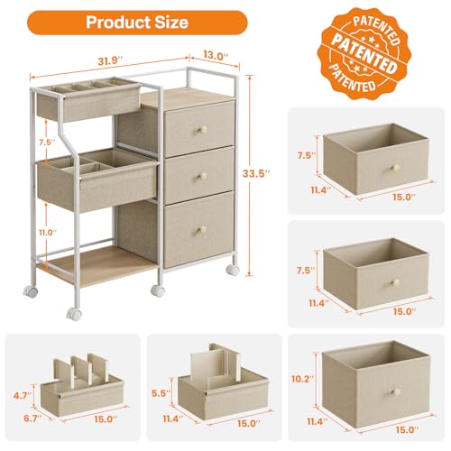 Modanais Baby Organizer and Storage - 3 Tier Rolling Cart with Dividers and Drawers, Easy To Assemble, Mobile Utility Cart with Wheels for Nursery, Bedroom, Changing Table & Crib,Off White | Detachable Dividers, 3 Tier Rolling Cart, Mobile Utility Cart wi