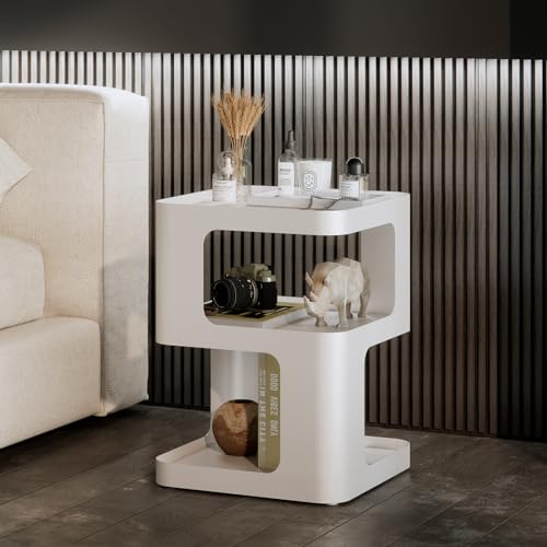 ZHBHHYZ Modern Side Table, White End Table, Unique Nightstand, Bedside Table, Metal 3-Tier Night Stand with Storage, Accent Side Table for Couch, Bedroom, Living Room, No Assembly Required - color: White