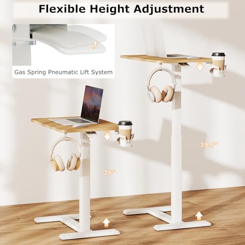 Tangkula Mobile Standing Desk, Pneumatic Height Adjustable Rolling Desk with Cup Holder & Headphone Hook, Overbed Table with Hidden Wheels, Laptop Computer Cart for Couch, Home, Office (Natural) - color: Natural