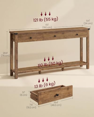 VASAGLE LIRY Collection Narrow Console Table with 3 Drawers, Brown | Long Sofa Table with Storage Shelf, 9.4 x 63 x 29.9 Inch, Farmhouse Style, Easy Assembly, ULNT148K101 - color: Honey Brown, size: 9.4"D x 63"W x 29.9"H