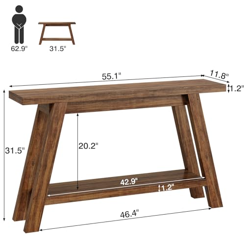 Console Table, 55-Inch Entryway Table with Storage 2-Tier Narrow Wood Console Table Behind Couch Sofa Tables for Living Room, Entryway, Hallway (Light Brown) - color: Brown