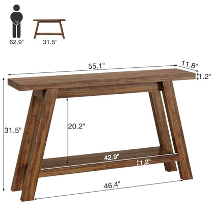 Console Table, 55-Inch Entryway Table with Storage 2-Tier Narrow Wood Console Table Behind Couch Sofa Tables for Living Room, Entryway, Hallway (Light Brown) - color: Brown