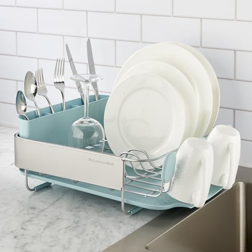 KitchenAid Compact Space Saving Rust Resistant Dish Rack with Removable Flatware Caddy and Angled Self Draining Drainboard, 12.63 x 15.87 x 5.54 Inch, Mineral Water - color: Mineral Water, size: Compact