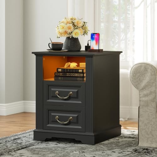 RALGEND Farmhouse Nightstand with Charging Station, Night Stand with 2 Drawers, End Tables Living Room, LED Bed Side Table with Open Shelf, End Table for Bedroom, Living Room, Black - color: Black