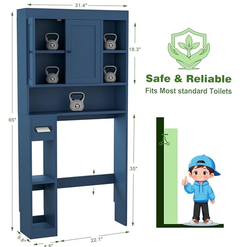 Over The Toilet Storage Cabinet with 7 Shelves, Imitation Walnut Grain Above Toilet Bathroom Organizer with Toilet Paper Holder Stand, Space Saver for Restroom, Laundry, Bathroom (Navy Blue) - color: Navy Blue