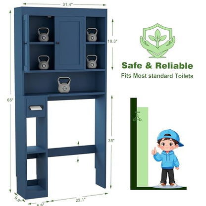Over The Toilet Storage Cabinet with 7 Shelves, Imitation Walnut Grain Above Toilet Bathroom Organizer with Toilet Paper Holder Stand, Space Saver for Restroom, Laundry, Bathroom (Navy Blue) - color: Navy Blue