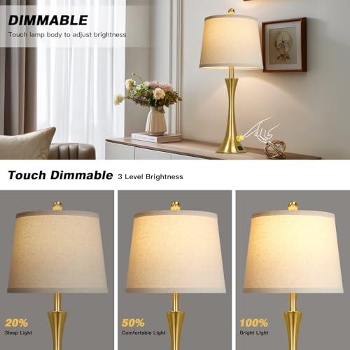 Rinweey 27.5" Gold Lamps Set of 2, Touch Control 3-Way Dimmable Bedside Nightstand Lamps Bedroom Lamp,Modern Gold Table Lamp with USB A+C Ports,Tall Lamps for Living Room End Table Home Office - color: Gold