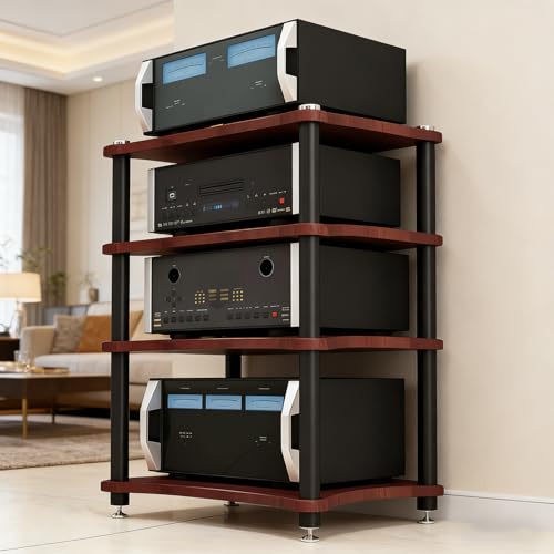 Heavy Duty 4-Tier AV Media Stand, 352 lb Load Capacity, Teak | anti-vibration feet that help reduce resonance for clearer sound, open ventilation, cable management, Built for Hi-Fi systems - color: Teak, size: 4 Tier