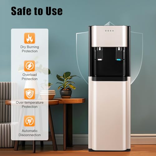 F880 Floor Standing Beverage Tower, Lower Cabinet Loading Hot and Cold Water Station, 450W Heating w/Cup-Push Spout for Kitchen, Lounge & Front Desk (Gold) - color: Gold