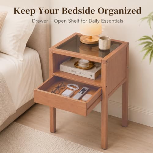 Bamboo Nightstand Small Bedside Tables with Drawer,Gray | Tempered Glass Top, Open Shelf, Mid Century Modern Night Stand for Bedroom, Living Room, Apartment, Small Space - color: Gray Glass