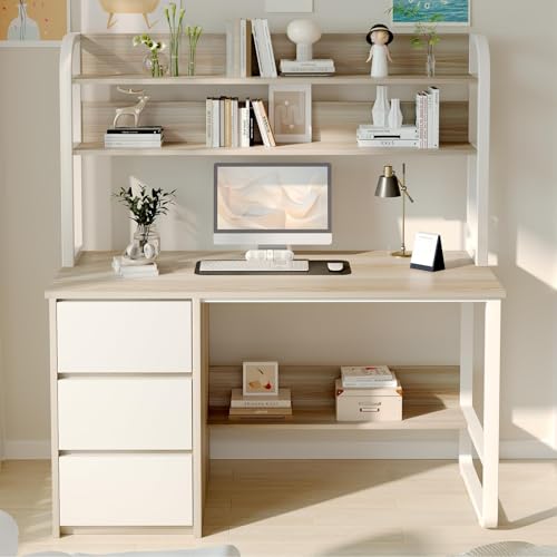 MaverickFurni Computer Desk with Hutch, 47 Inch Small Desk with 3 Drawers for Bedroom, Study Writing Desk with Shelves for Small Spaces, Adjustable Feet, Light Walnut - color: Light Walnut, size: 47"W