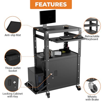 Mobile AV Cart with Side Shelves, Rolling Computer Cart Height Adjustable Rolling Media Utility Cart with Pullout Keyboard Tray Extra Storage Space, 4 Outlets, Perfect for Home or Office Use - size: Style5 24x18Wx42H