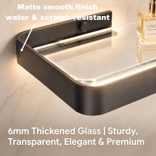 VOLPONE Bathroom Wall Shelf Black Glass Shelves 15.7in Bathroom Shelves with Towel bar Towel Shelf Wall Mounted 2 Tier - style: 2 tier with towel bar-black