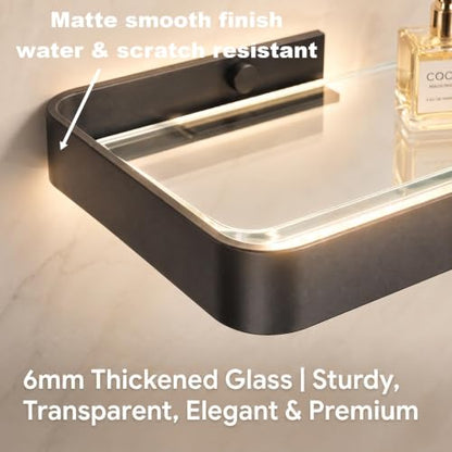 VOLPONE Bathroom Wall Shelf Black Glass Shelves 15.7in Bathroom Shelves with Towel bar Towel Shelf Wall Mounted 2 Tier - style: 2 tier with towel bar-black