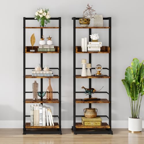Hosfais Book Shelf Narrow Bookshelf: 5 Tier Wood Bookcase with Metal Edge Protection Industrial Modern Bookshelf Book Storage Organizer for Living Room Bedroom Home Office (Rustic Brown) - color: Brown