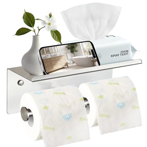 Toilet Paper Holder Wall Mount with Shelf Bjiotun Stainless Steel Toilet Paper Storage Tissue Roll Holder for Bathroom Storage Holds - color: Silver