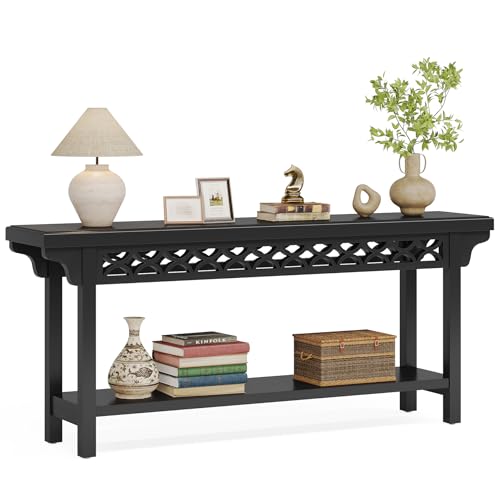 Tribesigns 70.8-Inch Solid Wood Long Console Table, Farmhouse Entryway Table with Storage, Narrow Sofa Table Grey Couch Table for Living Room Entryway Hallway (Black) - color: Black