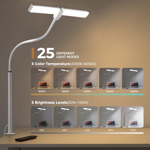 Motumen Led Desk Lamp for Home Office, Eye-Care Desk Light Clamp, White | Smart Double Head Computer Monitor Table Clip Lamp, Adjustable Flexible Goose-Neck, 25 Lighting Models, Task Lamp - color: White and Sliver