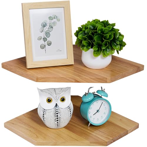 Corner Wall Shelves, Corner Floating Shelves Set of 2 Solid Oak Wood Display Shelf with Wire Hole Small Plant for Kitchen Living Room - color: Natural Wood, size: 13.2inch(2PCS)