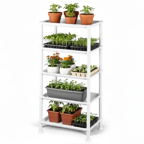 RooTrimmer 5-Tier Seed Starter Trays, Plant Stand, with Bottom-Watering Design–Shelf for Indoor Outdoor Seedling Sprouting Greenhouse, Space-Saving for Small Cell Trays & Nursery Pots, White - color: White, size: 10"*15"*37"