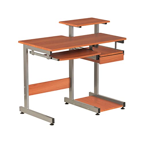 Techni Mobili 38"W Desk with Printer/Keyboard Tray & CPU Platform, Cherry | Compact workstation, home office computer desk, CPU storage, pull-out keyboard tray, small space furniture