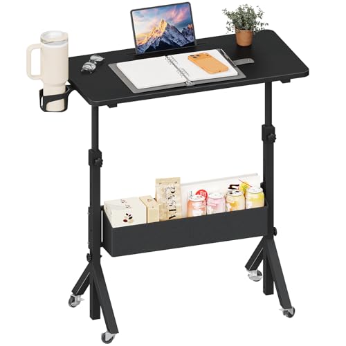 ErGear Mobile Standing Desk with Wheels, Adjustable Height 28.3″ to 46.1″, Rolling Laptop Cart with Cup Holder, Storage Basket, Computer & Pen Slot, Home Office Stand Up Desk, Black (31.5″ x 15.75″) - color: Black