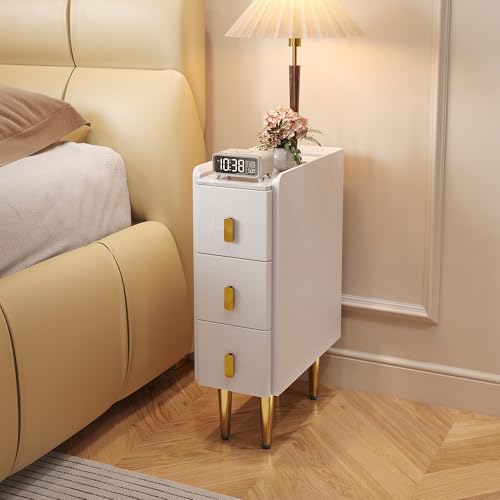 STARSAGA Narrow Nightstand with Drawers, 7.9" Narrow Bedside Table for Bedroom, Solid Wood Narrow Night Stand with Sintered Stone Top & Leather Surface, Slim Nightstand for Small Spaces, White - color: White, size: 15.7''×7.9''×24.5''