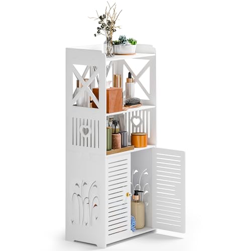 Bathroom Storage Cabinet, Freestanding Bathroom Organizers with Open Storage, Kitchen Pantry Cabinet with Doors, Floor Shelf with Door & Shelves White