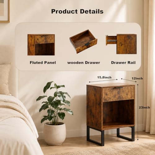 Rustic Brown Nightstand with Fluted Drawer, Wood Bedside Table with Storage Shelf, Mid Century Modern End Table with Metal Legs for Bedroom, Living Room, Sofa Side & Small Spaces