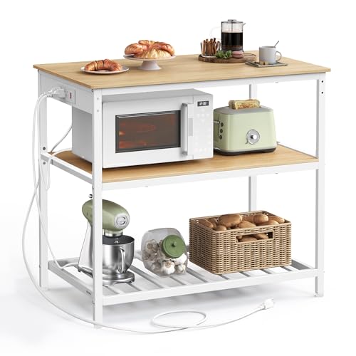 VASAGLE Kitchen Island with 3 Shelves, Kitchen Shelf with Power Strip, 23.6 x 39.4 x 34.9 Inches, Large Worktop, Steel Structure, Industrial, Easy to Assemble, Oak Color and White UKKI105Y01 - color: Oak Color + White, size: 39.4"W x 34.9"H, style: with P